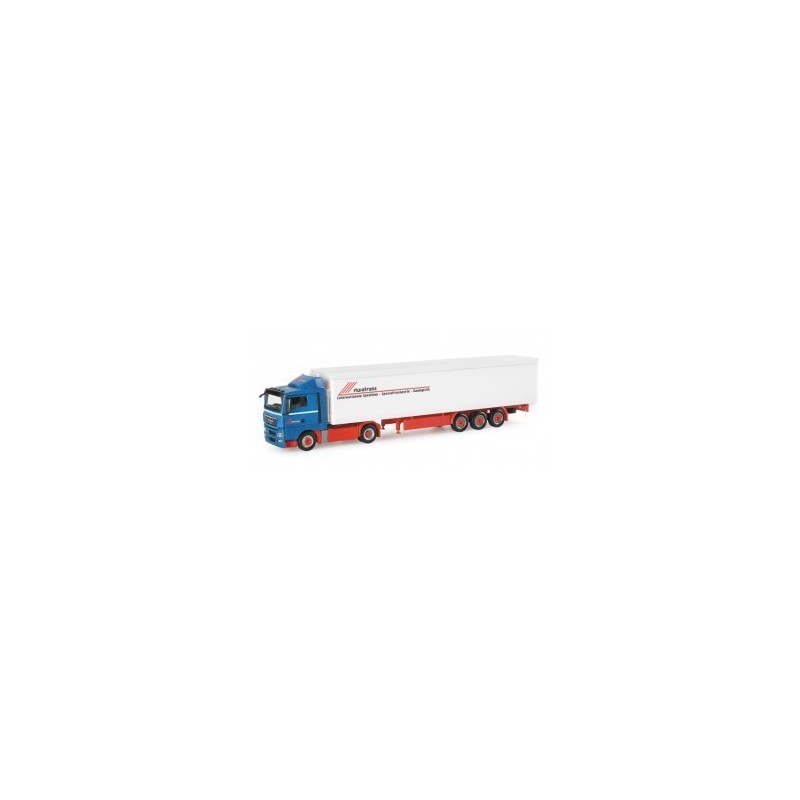 Model redukcyjny MAN TGX XL "Riwatrans", skala 1:87, Herpa. Niebieska kabina, biała naczepa z logo Riwatrans.