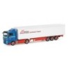 Model redukcyjny MAN TGX XL "Riwatrans", skala 1:87, Herpa. Niebieska kabina, biała naczepa z logo Riwatrans.
