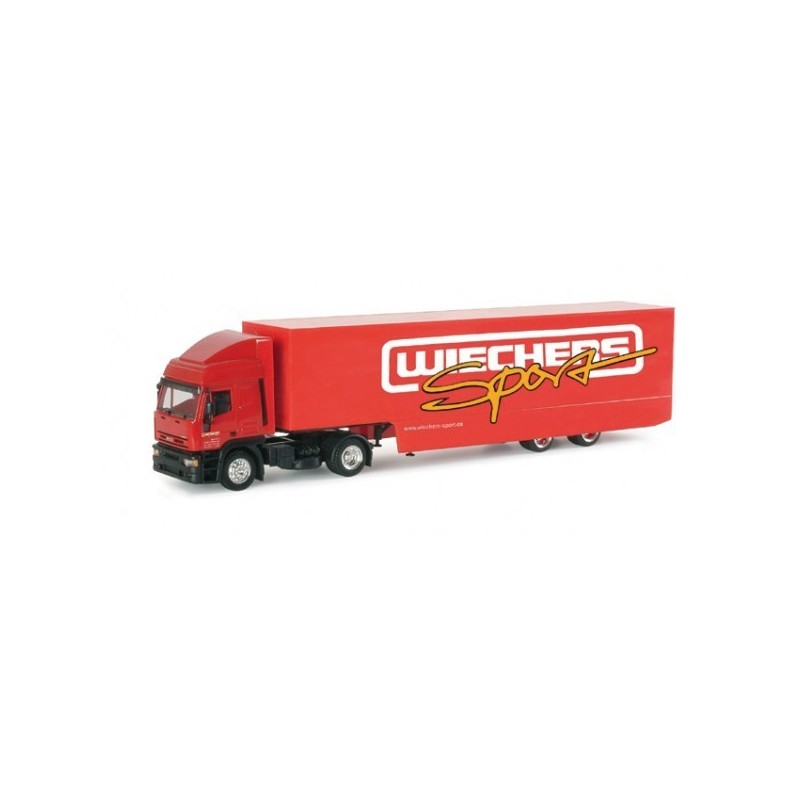 Model Iveco ET HD, skala 1:87, Herpa. Czerwona naczepa z logotypem "Wiechers Sport".