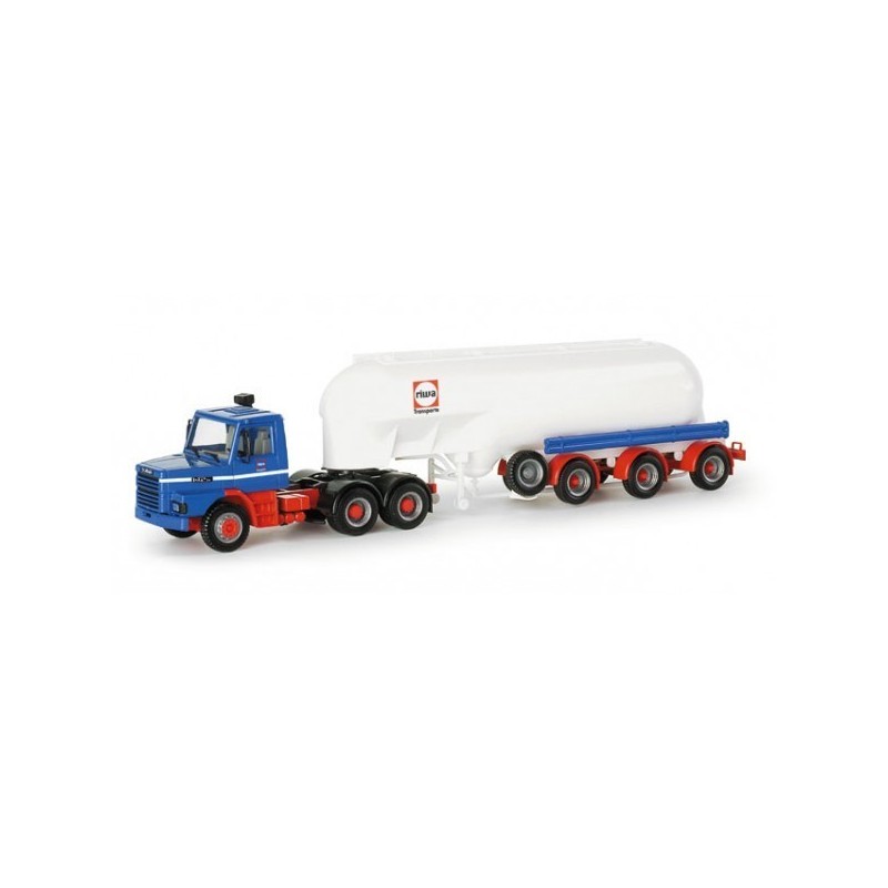 Model Scania, skala 1:87, Herpa. Ciężarówka cementowa Riwatrans, kolor niebieski, czerwony i biały.