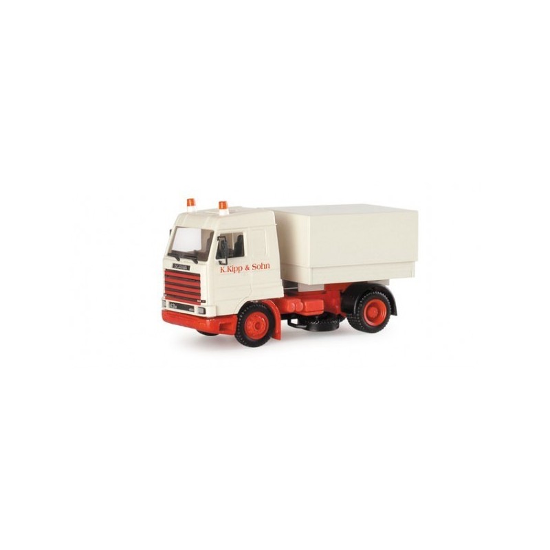 Model redukcyjny Scania Streamline "Kipp Bonn" 1:87, Herpa. Biały i czerwony samochód ciężarowy z logotypem K.Kipp & Sohn.