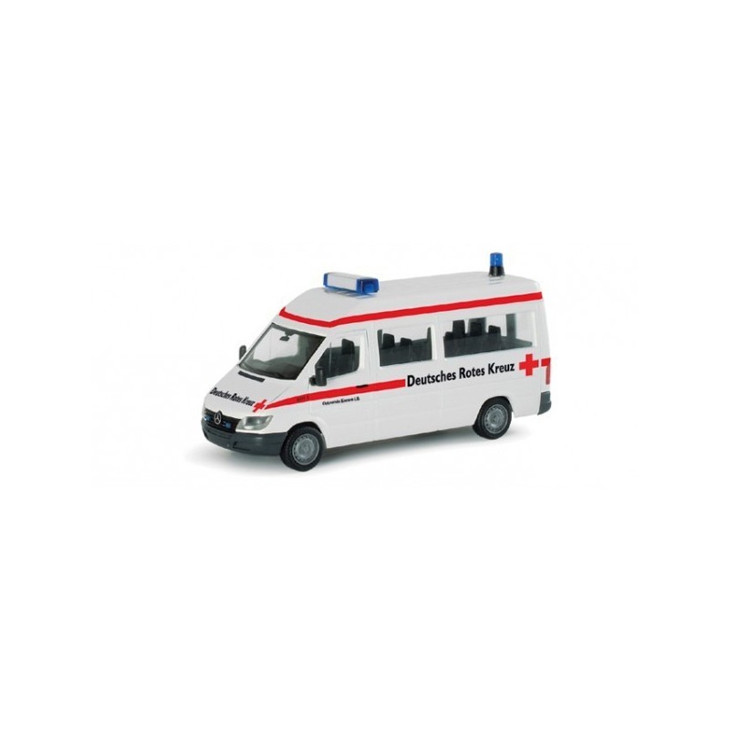 Model redukcyjny karetki Mercedes-Benz Sprinter, skala 1:87, Herpa. Biały z czerwonymi paskami i czerwonym krzyżem.
