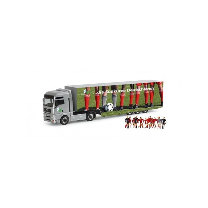Model redukcyjny MAN TGA, skala 1:87, Herpa. Ciężarówka z naczepą piłkarską, z figurkami.