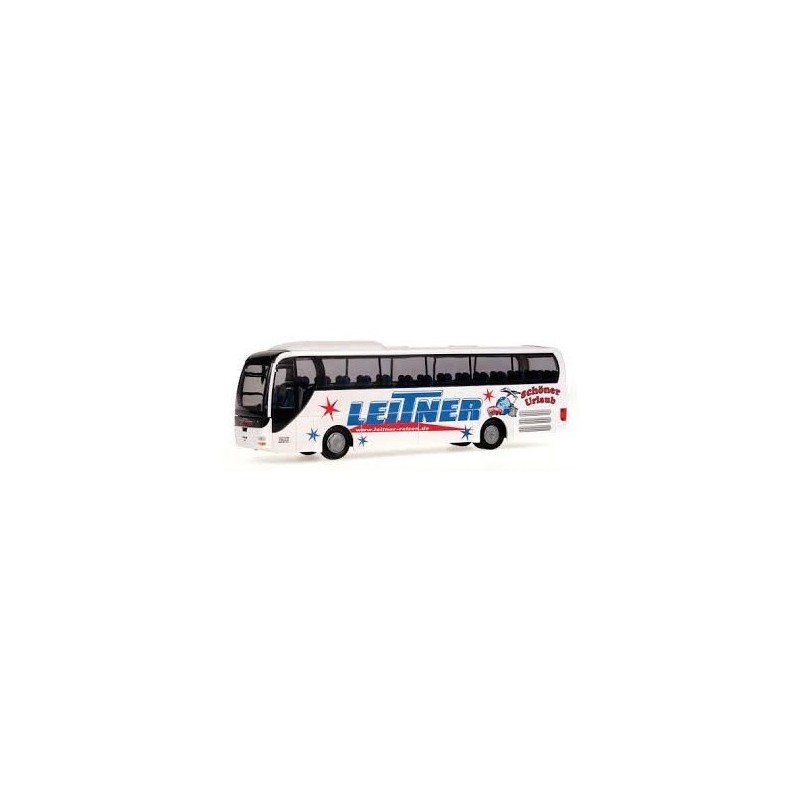 Model redukcyjny MAN Lion's Coach "Leitner, Allersberg", skala 1:87, Rietze. Biały autobus z niebieskim i czerwonym malowaniem.