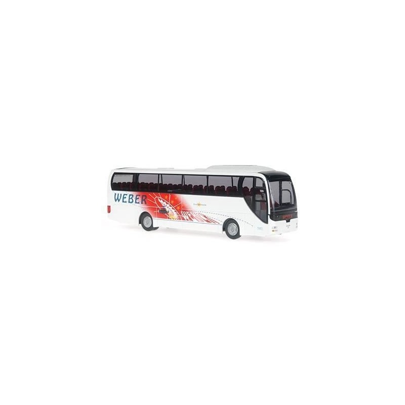 Model autobusu MAN Lion's Coach, skala 1:87, Weber Bustouristik. Biały z czerwono-czarnymi detalami.