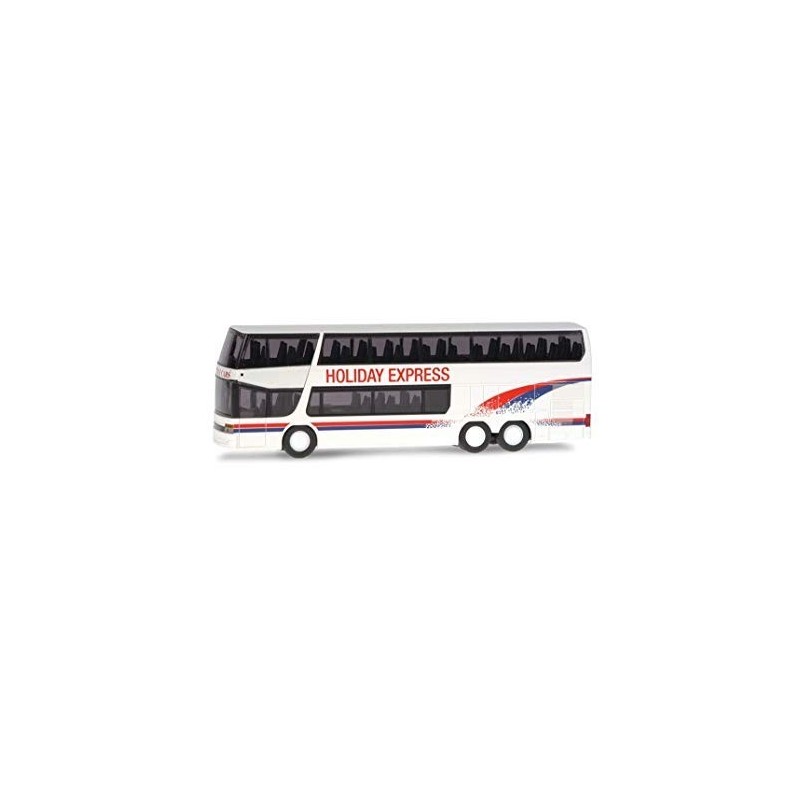 Model redukcyjny autobusu SETRA S 328 DT Holiday Express, skala 1:87, Rietze. Biały z czerwono-niebieskimi pasami i napisem Holi