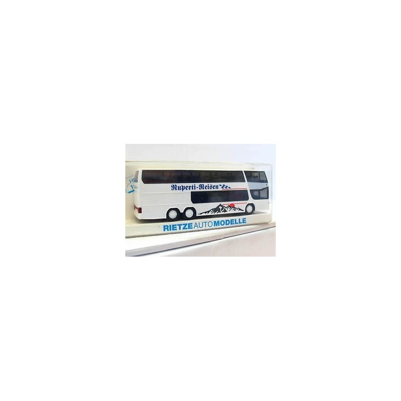 Model autokaru SETRA S 328 DT, skala 1:87, Rietze. Biały, z czarnymi oknami i logo Ruperti-Reisen.