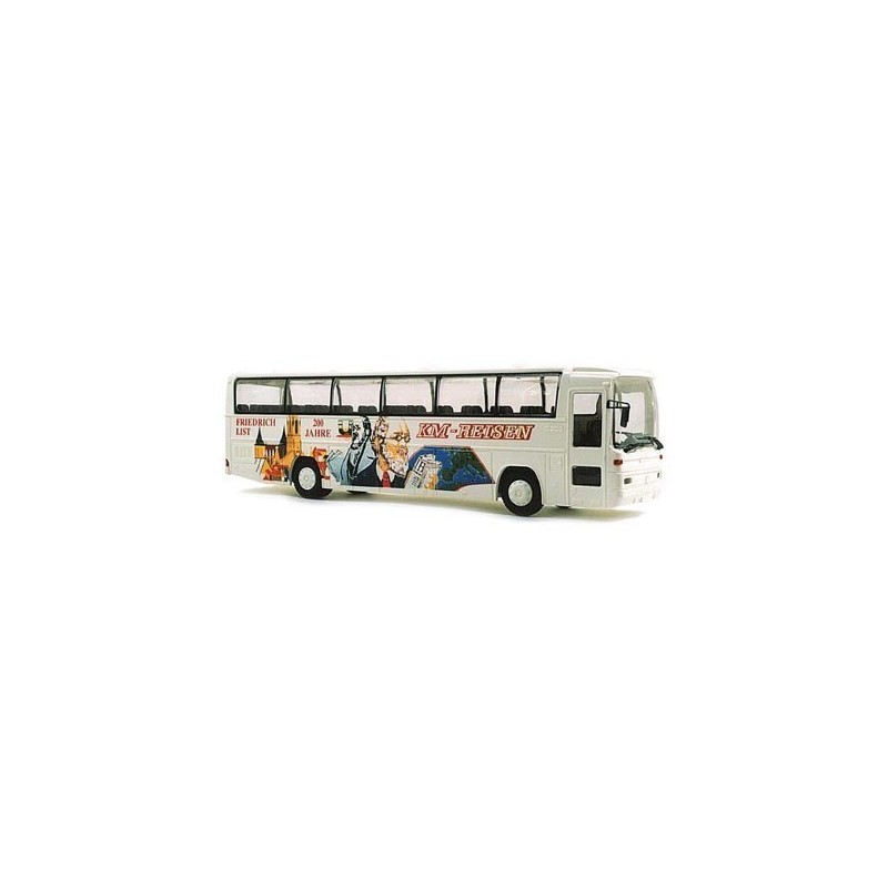 Model redukcyjny MERCEDES O 303 RHD KM Reisen, skala 1:87, biały z czerwonymi napisami i grafiką.
