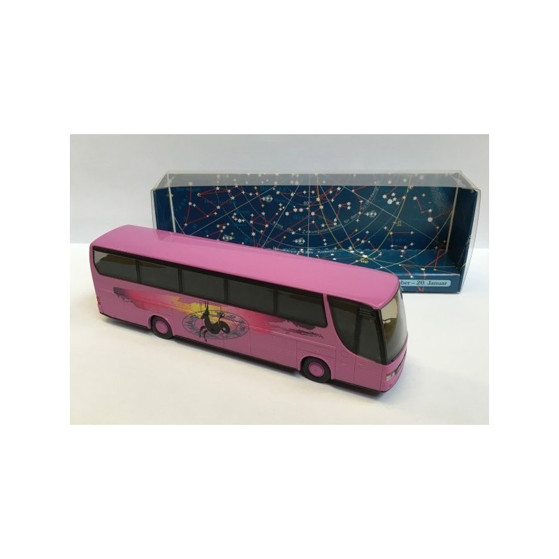 Model autobusu ETRA S 315 HDH Steinbock, skala 1:87, różowy z czarnymi oknami i logo.