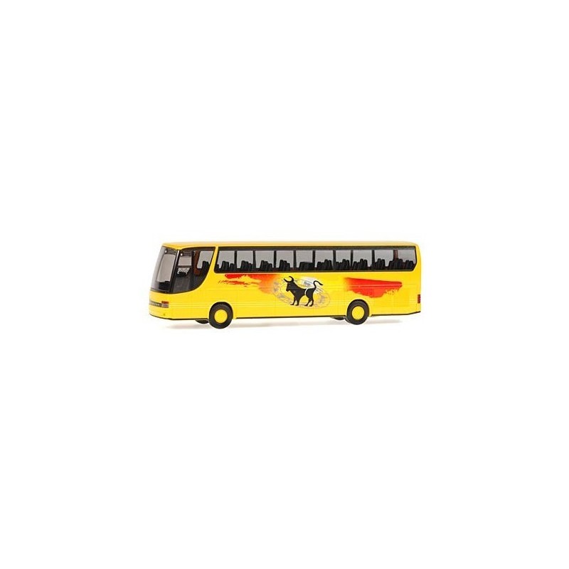 Model redukcyjny SETRA S 315 HDH Stier, skala 1:87, żółty z czerwono-czarnym malowaniem i sylwetką byka.