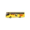 Model redukcyjny SETRA S 315 HDH Stier, skala 1:87, żółty z czerwono-czarnym malowaniem i sylwetką byka.