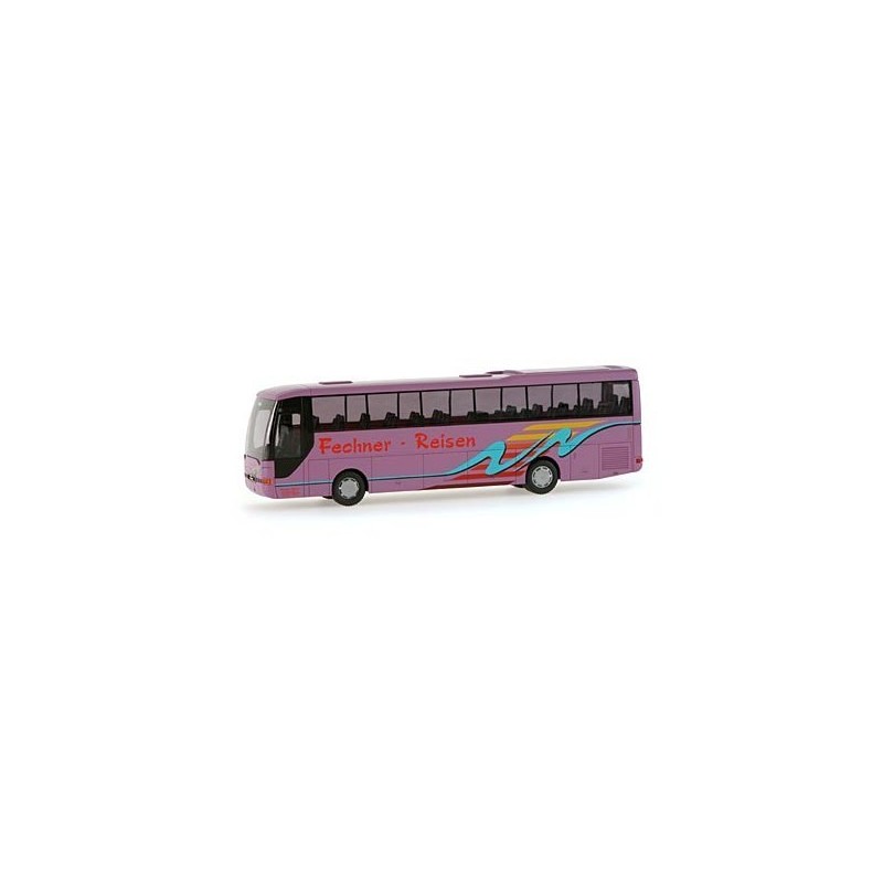 Model redukcyjny MAN Lions Coach Fechner, skala 1:87, Wolfsburg. Różowy autobus z logo Fechner Reisen.
