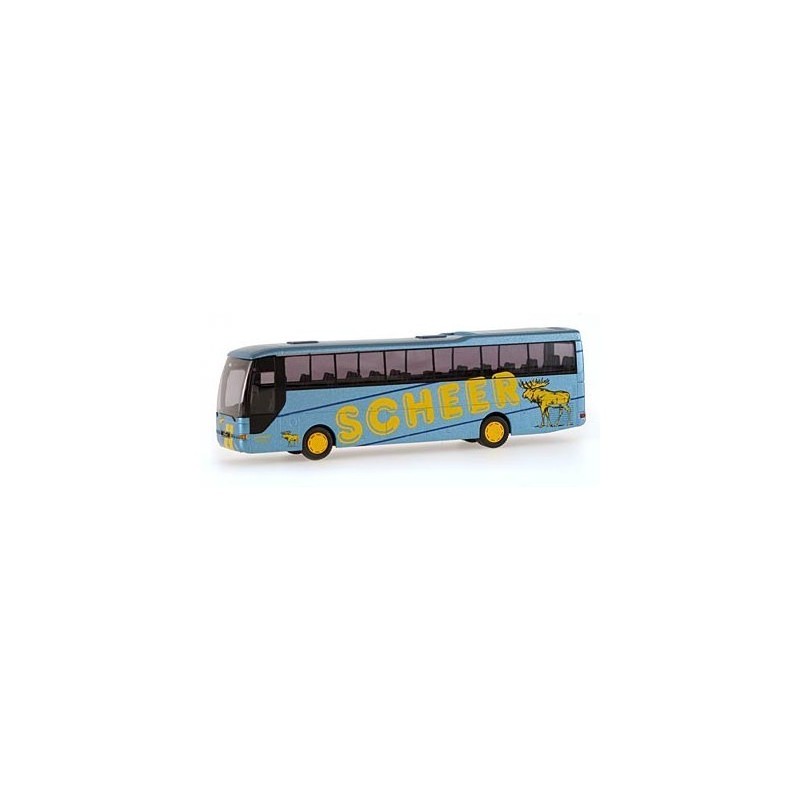 Model redukcyjny autobusu MAN Lions Coach Scheer, Wuppertal, skala 1:87, niebieski z żółtymi detalami.