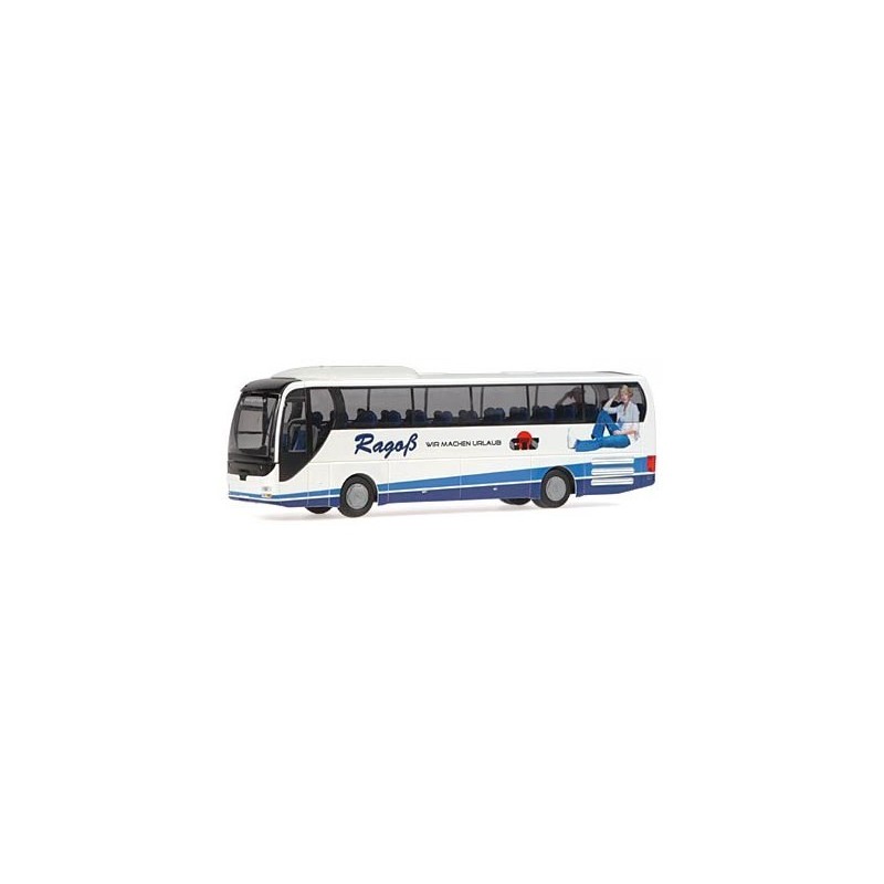 Model autobusu MAN Lions Coach Ragoł Reisen, skala 1:87, Rietze. Biały i niebieski lakier, logo Ragoł.