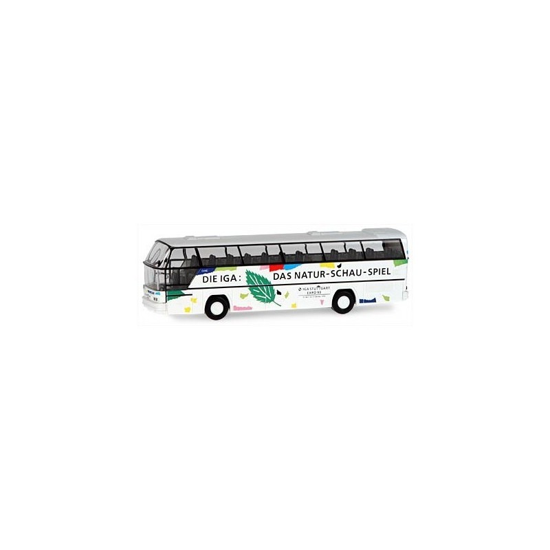 Model NEOPLAN Cityliner Iga 1993, skala 1:87, Rietze. Biały autobus z zielono-żółtymi liśćmi i napisem "DIE IGA: DAS NATUR-SCHAU
