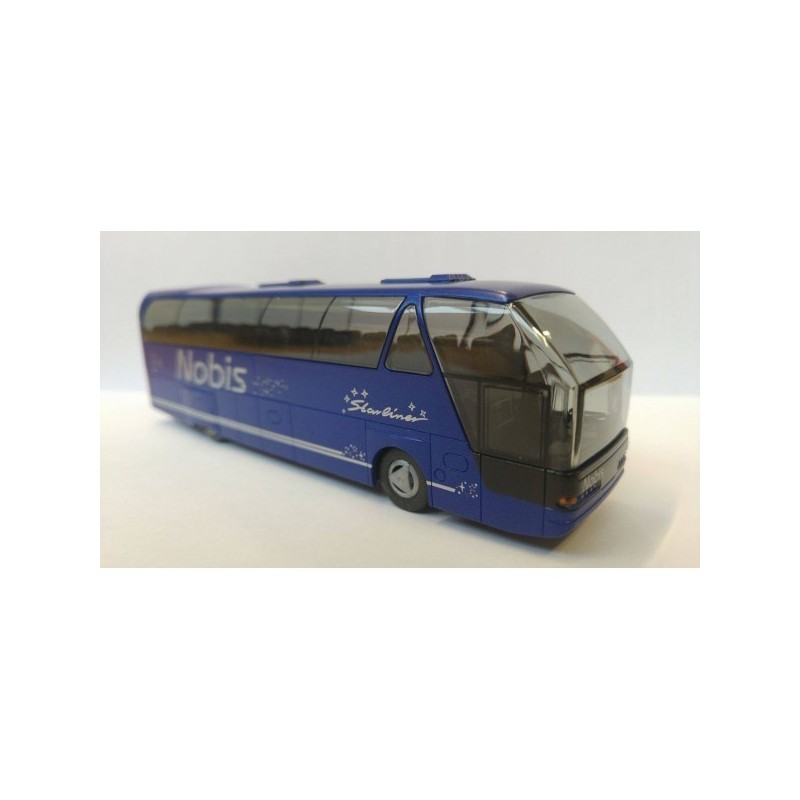 Model redukcyjny NEOPLAN Starliner Nobis, skala 1:87, Simmern. Niebieski autokar z białymi napisami.