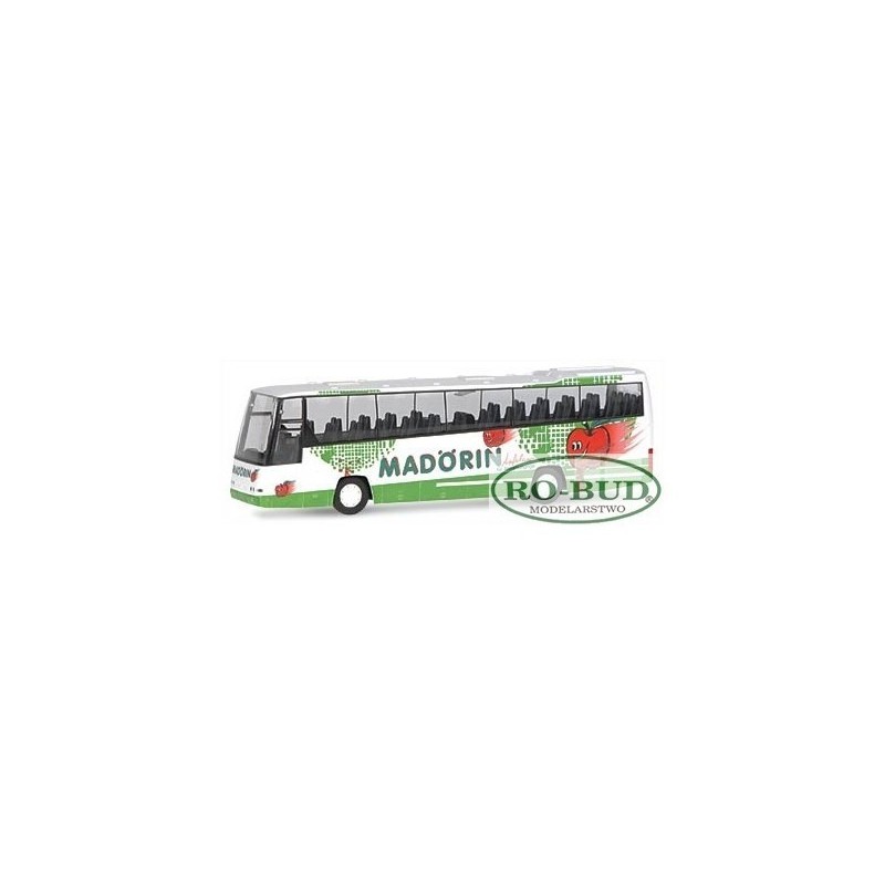 Model redukcyjny autobusu VOLVO B12-600 Madörin, skala 1:87. Zielono-biały z czerwonymi jabłkami.