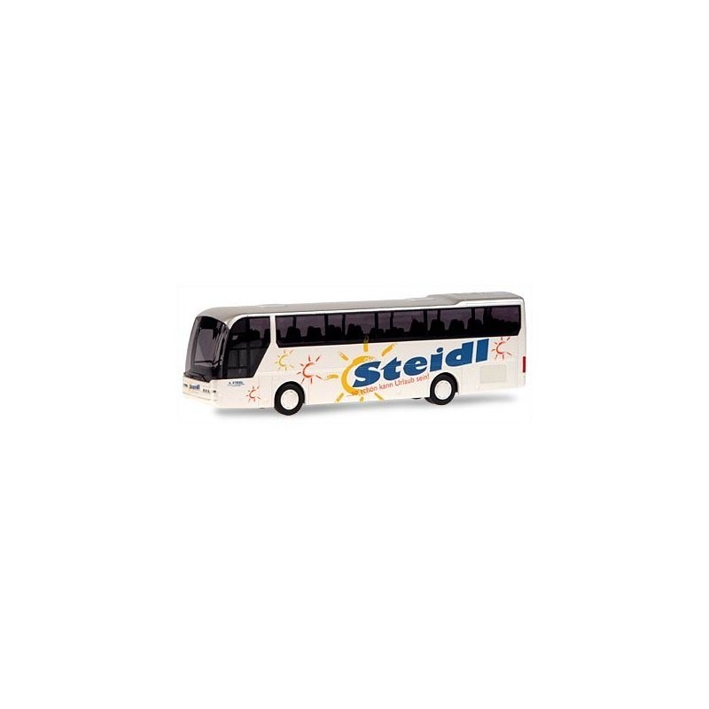 Model redukcyjny NEOPLAN Euroliner Steidl, skala 1:87, biały z logo Steidl i wzorem słońca.