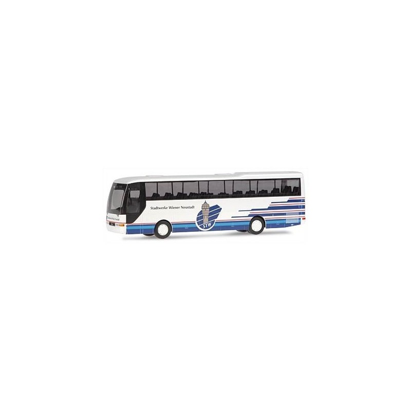 Model redukcyjny MAN Lions Coach, skala 1:87, Rietze. Biały autokar z niebieskimi pasami i logo Stadtwerke Wiener Neustadt.