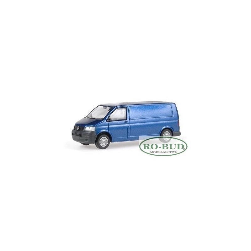 Model redukcyjny VW T5 Transporter, skala 1:87, metalicowy, niebieski.