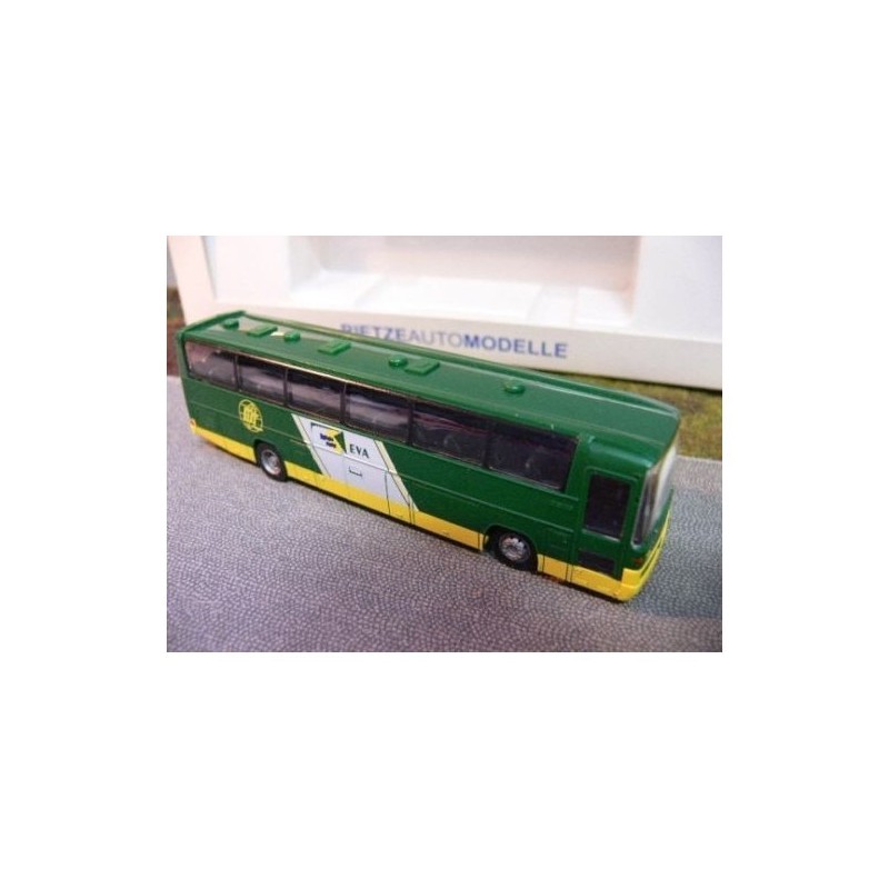 Model redukcyjny autobusu Mercedes-Benz 303 EVA, skala 1:87, zielony z żółtym pasem i logo EVA.