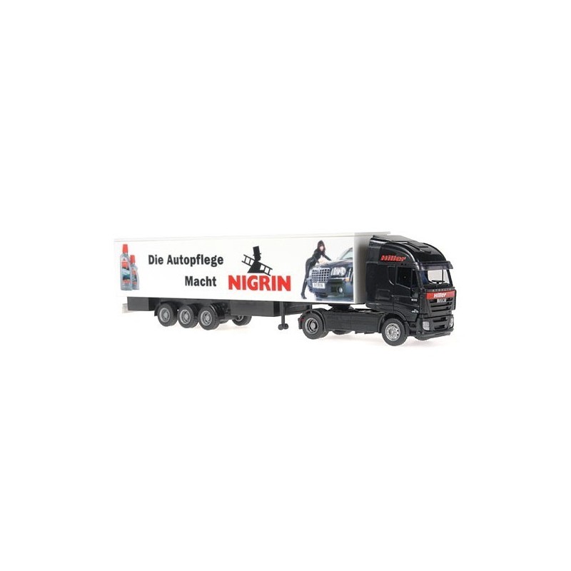 IVECO Stralis Sattelzug "Hiller Spedition", 1:87, czarny, naczepa biała z logotypami.