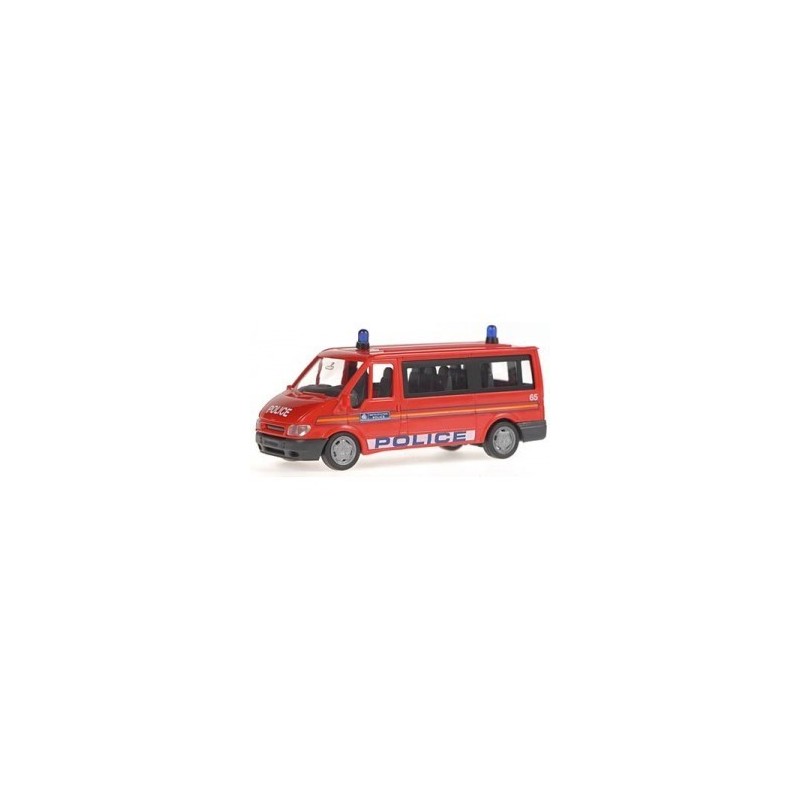 Model redukcyjny FORD Transit Metropolitan Police, skala 1:87. Czerwony samochód policyjny z niebieskimi światłami.