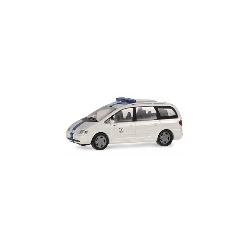 Model redukcyjny VW Sharan, skala 1:87, policja Gent. Biały z niebieskimi pasami.