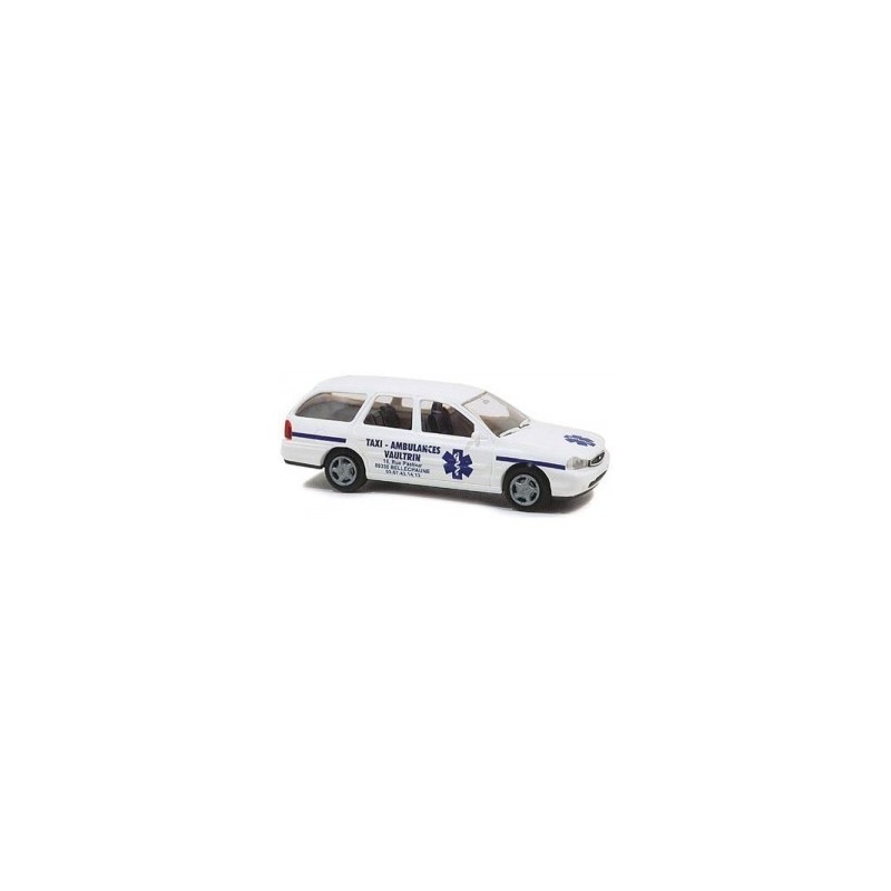 Model redukcyjny FORD Mondeo Turnier Taxi-Ambulances, skala 1:87, biały z niebieskimi paskami i logotypem.