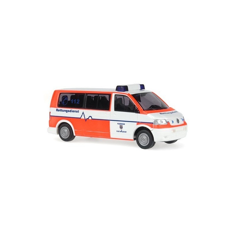 Model redukcyjny VW T5, skala 1:87, Feuerwehr Alsdorf, malowanie pomarańczowo-białe, oznaczenia służb ratowniczych.