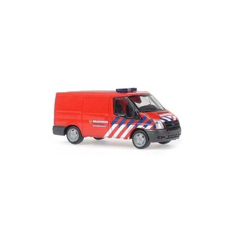 Model redukcyjny Ford Transit 2006 straży pożarnej, skala 1:87, czerwony z niebiesko-białymi pasami.