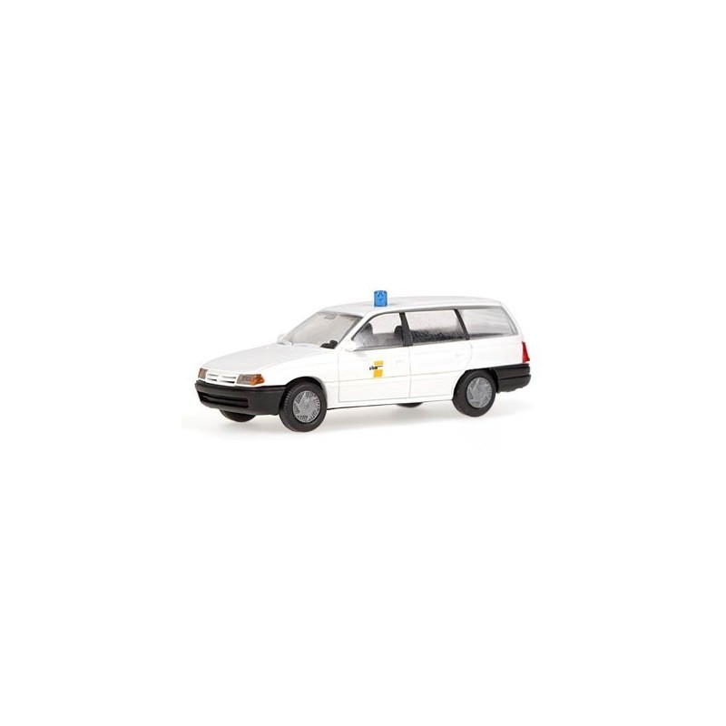 Model redukcyjny OPEL Astra Caravan de Lijn, skala 1:87. Biały samochód z niebieskim światłem, logo de Lijn.