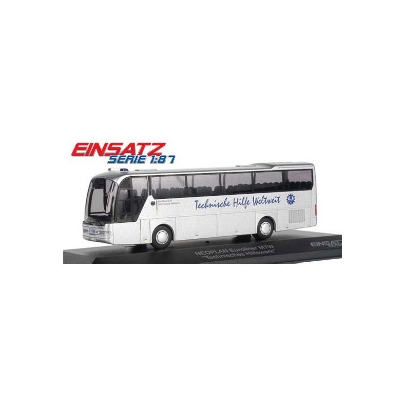 Model Neoplan Euroliner THW, skala 1:87, Einsatz. Biały z niebieskim napisem "Technische Hilfe Weltweit".