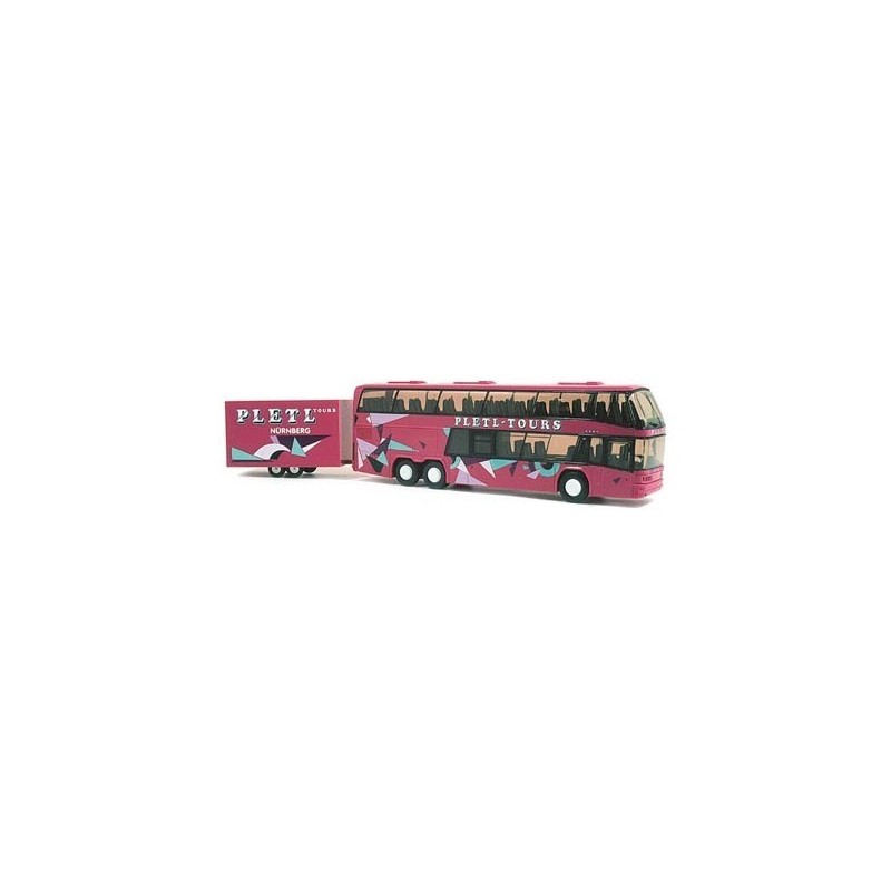 Model NEOPLAN Skyliner z przyczepą, skala 1:87, Pletl-Tours, Nurnberg, różowy z białymi i niebieskimi detalami.