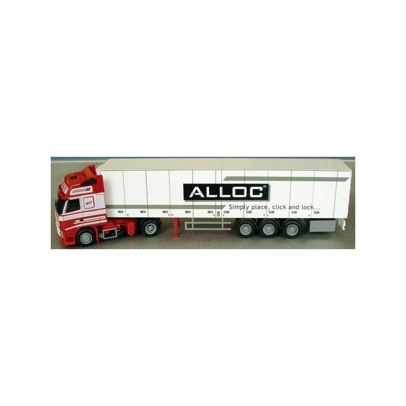 Model redukcyjny Volvo, skala 1:87, AWM. Czerwony ciągnik siodłowy z białą naczepą chłodnią, logo ALLOC.