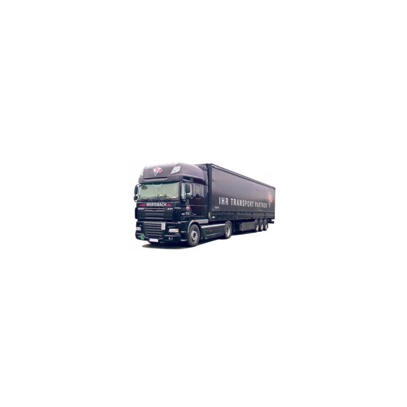 Model DAF XF 105 SSC/Aerop., skala 1:87, AWM. Czarny ciągnik siodłowy z naczepą, logo "IHR TRANSPORT PARTNER".