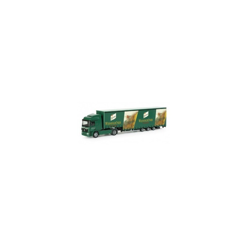 Model redukcyjny Mercedes-Benz Actros L "Wernesgrüner", skala 1:87, Herpa. Zielony ciągnik siodłowy z naczepą, logo piwa Wernesg
