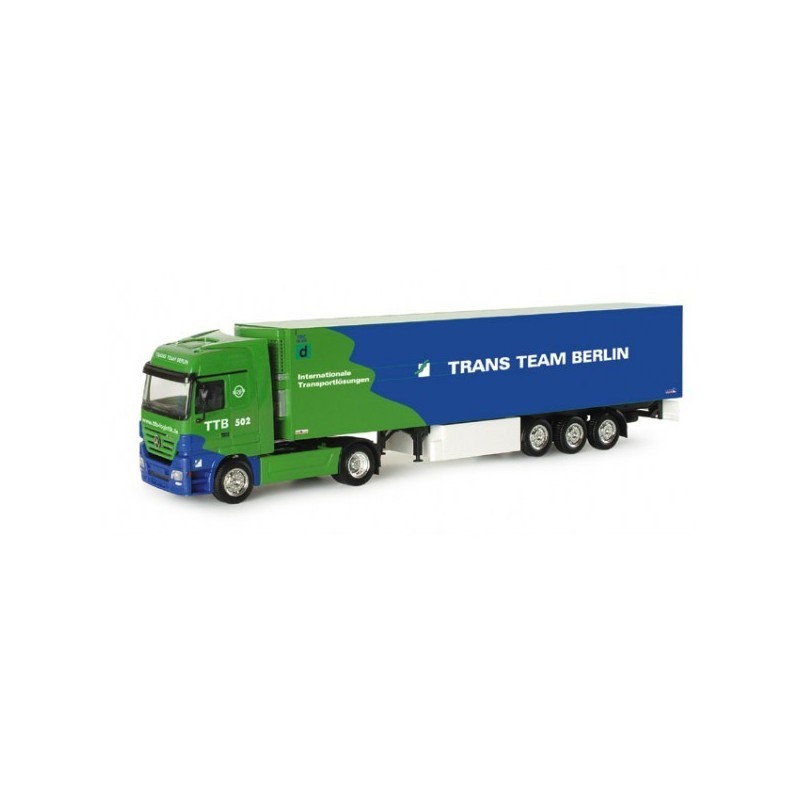 Model redukcyjny Mercedes-Benz Actros, skala 1:87, Herpa. Zielono-niebieski, TTB 502, naczepa Trans Team Berlin.