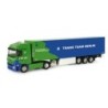 Model redukcyjny Mercedes-Benz Actros, skala 1:87, Herpa. Zielono-niebieski, TTB 502, naczepa Trans Team Berlin.
