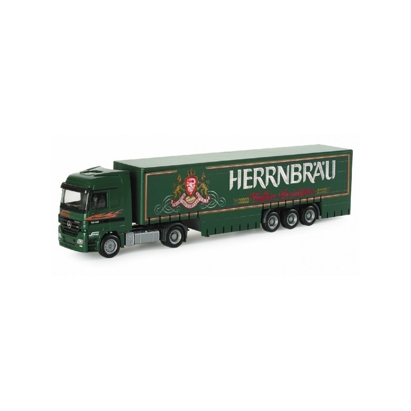 Model redukcyjny Mercedes-Benz Actros, skala 1:87, Herpa. Zielony ciągnik siodłowy z naczepą Herrnbräu.