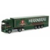 Model redukcyjny Mercedes-Benz Actros, skala 1:87, Herpa. Zielony ciągnik siodłowy z naczepą Herrnbräu.