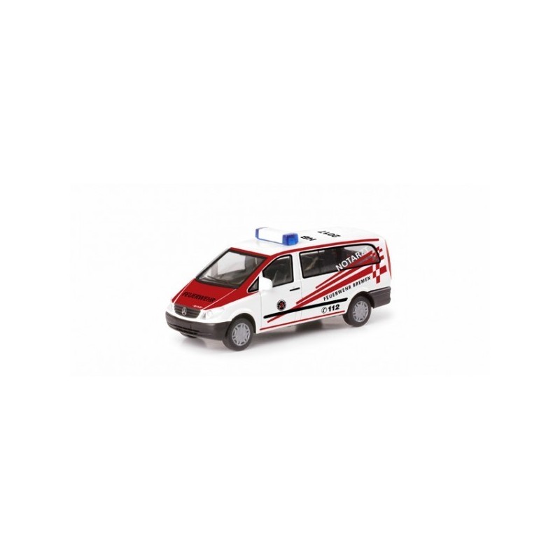 Model redukcyjny Mercedes Benz Vito NEF Feuerwehr Bremen, skala 1:87, Herpa. Biały z czerwonymi paskami, logo straży pożarnej Br