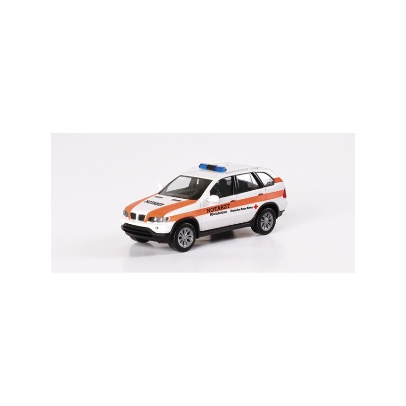 Model redukcyjny BMW X5, skala 1:87, Herpa. biało-pomarańczowy samochód służb ratowniczych z napisem NOTARZT.