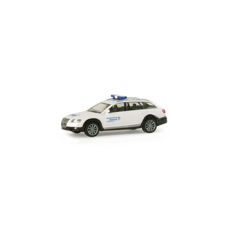 Model redukcyjny Audi A6 Allroad, skala 1:87, Herpa. Biały, z niebieskimi światłami sygnalizacyjnymi, logo THW Roth.