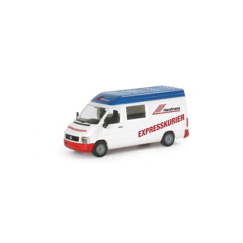 Model redukcyjny VW LT 2 Riwatrans, skala 1:87, Herpa. Biały van z czerwonymi napisami i niebieskim dachem.