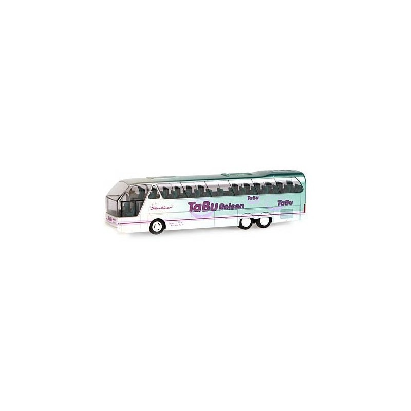 Model NEOPLAN Starliner, skala 1:87, Tabu-Reisen. Zielono-biały, 3-osiowy autobus.