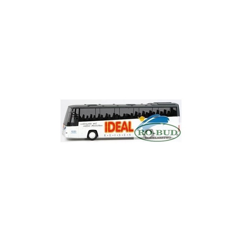 Model redukcyjny autobusu Volvo B12-600 Ideal Reisen, skala 1:87. Biały korpus, czarne okna, logo Ideal Reisen.