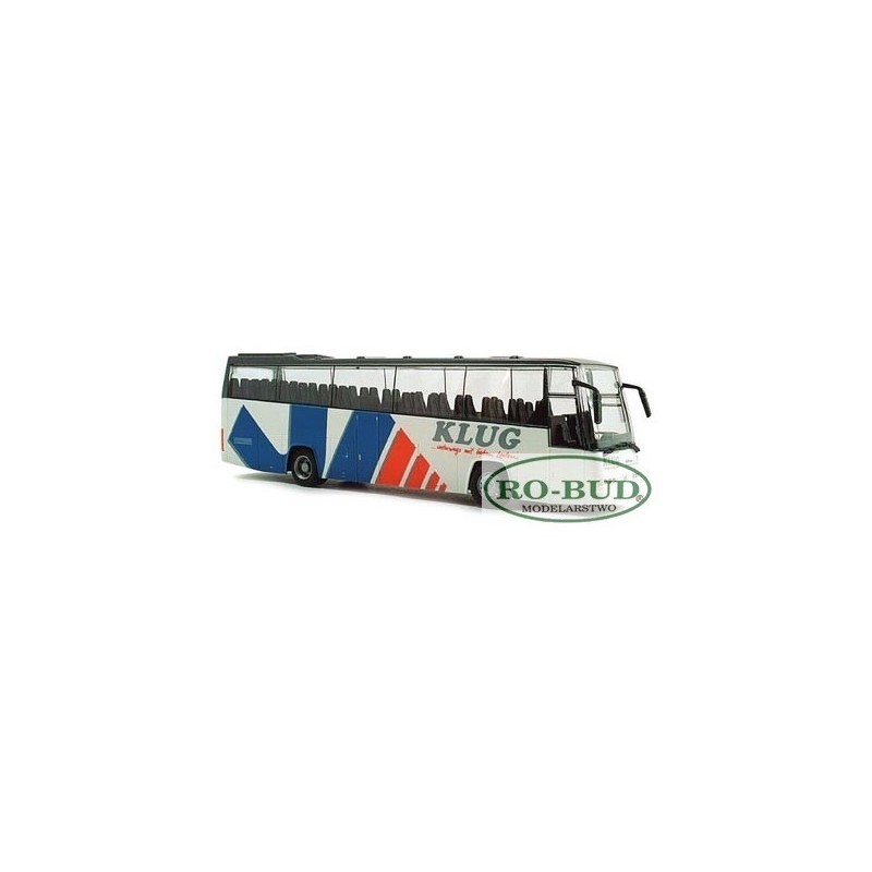 Model redukcyjny autobusu Volvo B12-600 Klug, skala 1:87, biało-czerwono-niebieski.