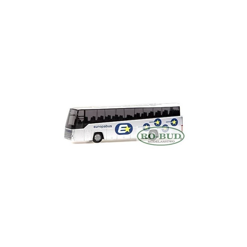 Model redukcyjny Volvo B12-600 Europabus, skala 1:87. Biały autobus z logo Europabus.