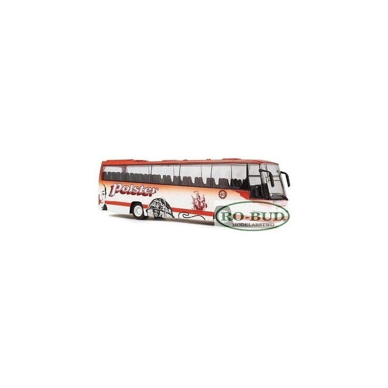 Model redukcyjny autobusu Volvo B12-600 Polster, skala 1:87, Herpa. Biały i czerwony, z logo Polster.
